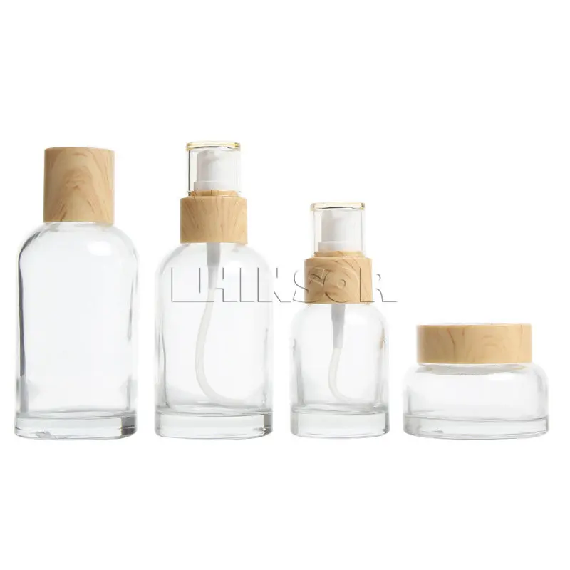 

5pcs/lot Empty Wood Grain Lid Transparent Glass Press Pump Spray Lotion Perfume Bottles Cream Jars Cosmetic Packing Containers