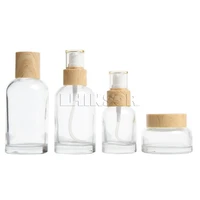 5pcslot empty wood grain lid transparent glass press pump spray lotion perfume bottles cream jars cosmetic packing containers