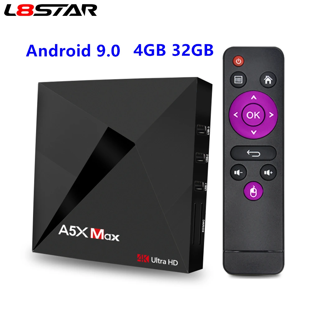 L8STAR A5X MAX Android 9,0 4 ГБ 32 ГБ ТВ приставка RK3328 4K BT 4,1 USB 3,0 2,4G WiFi 100M Lan Смарт медиаплеер HD2.0 ОТТ ТВ приставка