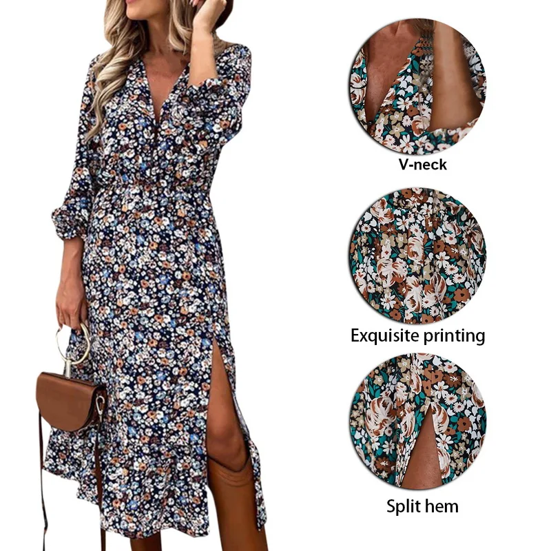

Autumn Long Floral Print Dress Robe for Women Casual Long Sleeve Split Dress Female Boho Elegant Maxi Party Vestidos Spring
