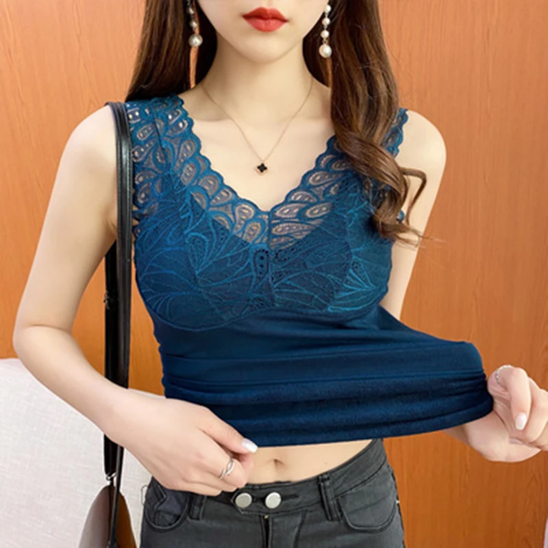 

Peacock goddess Terry warm vest autumn winter with bra lace stitching sleeveless inner top bottomed underwear