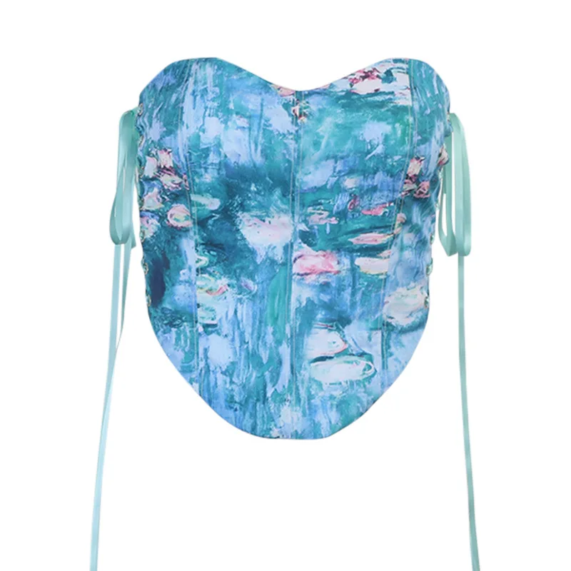

Lace Up Strapless Tank Top Women Summer Slash Neck Off Shoulder Tie Dye Print Fashion Beach Corset Crop Top 2021 Party Yuqung