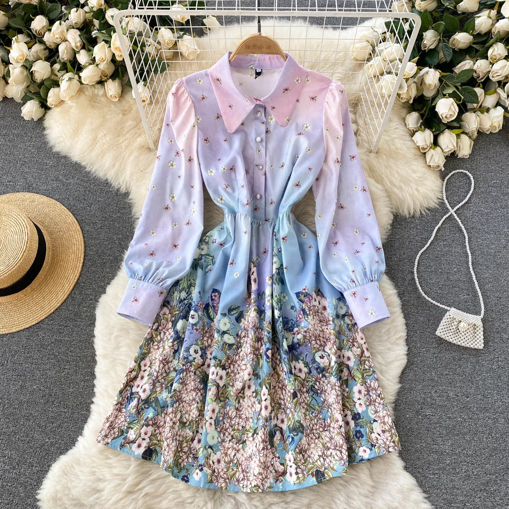 

French Retro Lapel Long-sleeved Single-breasted Waist A-line Skirt 2021 Autumn And Winter New Gradient Color Printing Dress