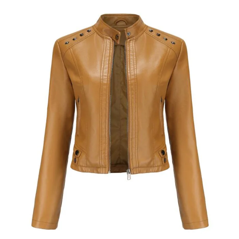 Women's rivet leather jacket short coats spring autumn long-sleeved  thin stand collar fashion new style abrigos mujer invierno