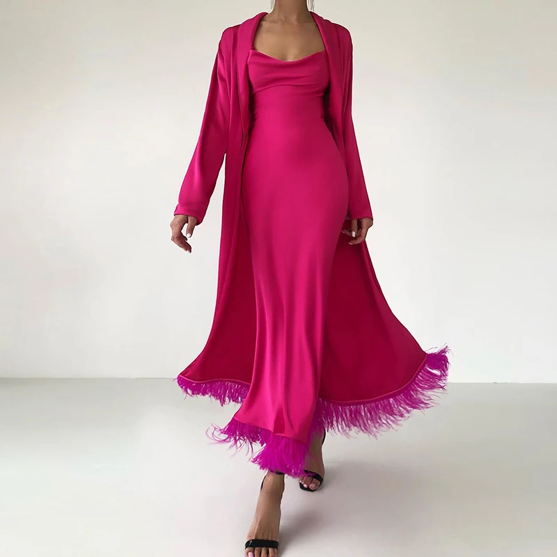 

New Fashion Suspender Long Skirt Suit Elegant Casual Ladies Cardigan Top + Tassel Dress Sexy Solid Color Long Coat Female Suit