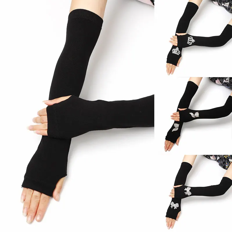 Женские зимние перчатки Стразы вязаные эластичные с открытыми пальцами длинные