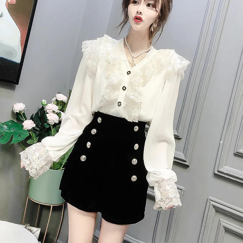 

Fashion Female Shirts Korean Spring Autumn New Long Sleeves Sexy White Blouse Lace Ruffles Luxury Long-sleeved V Neck Top