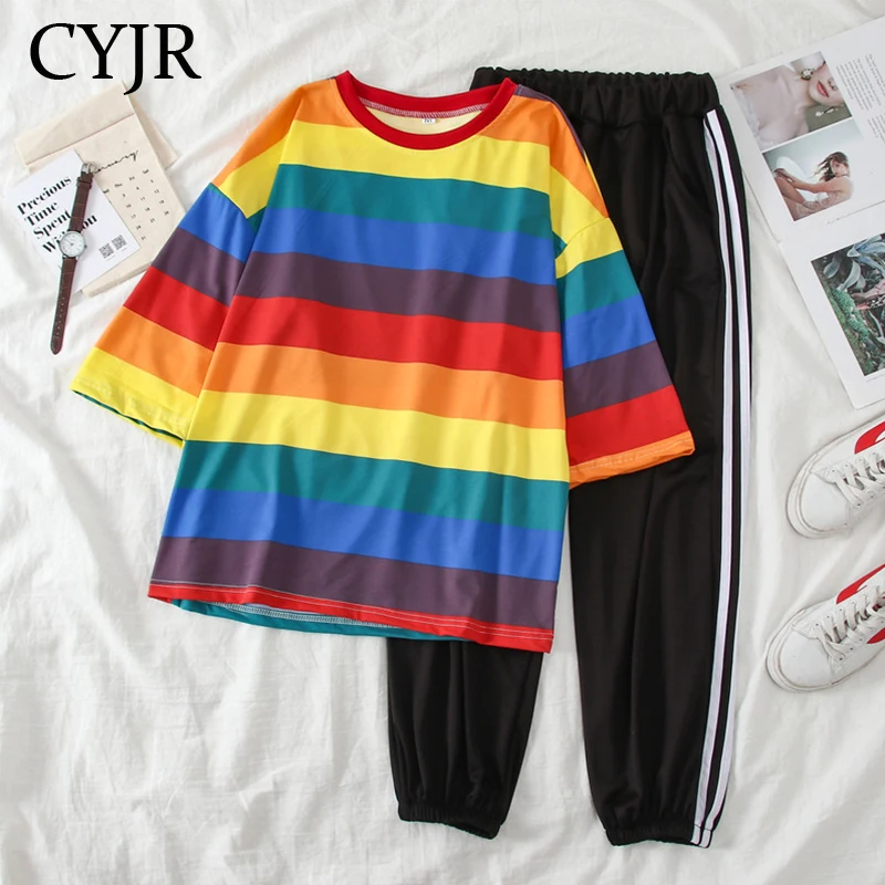 

Sweet Rainbow Stripe Women Summer T-Shirt High Waist Streetwear Casual Pants Short Sleeve Vogue Tops 2 Piece Suit Women Clothes