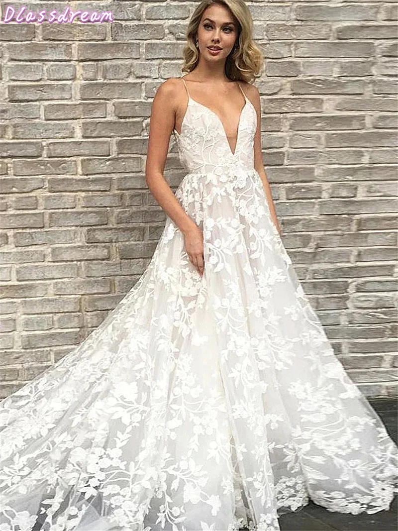 

White Appliques Evening Dress For Wedding 2020 A-line Spaghetti Straps Deep V-neck Backless Prom Dress платья знаменитостей