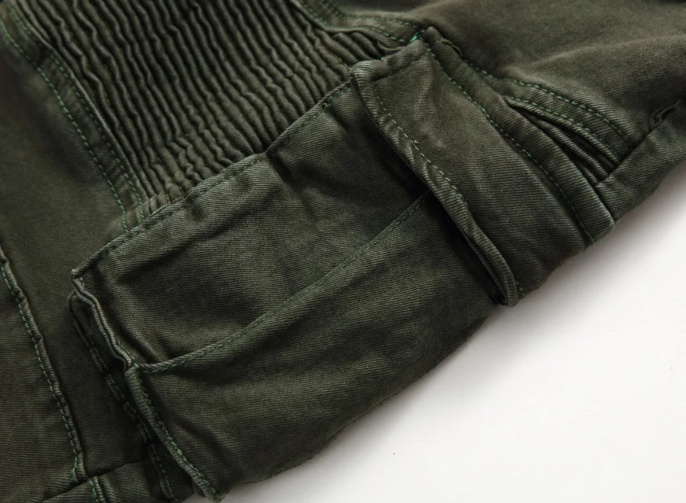 

Mens Skinny Ripped Biker Jeans Zipper Multi Pockets Cargo Pant Green Military Hip Hopmen Pleated Pencil Motorcycle Jeans