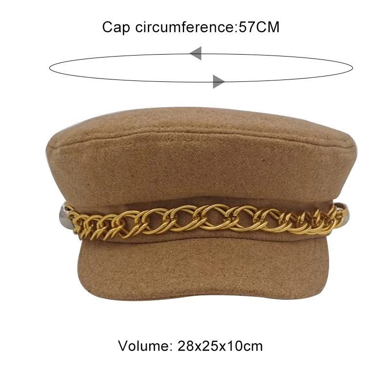 Кепка-берет Женская восьмиугольная однотонная теплая с золотыми цепочками |