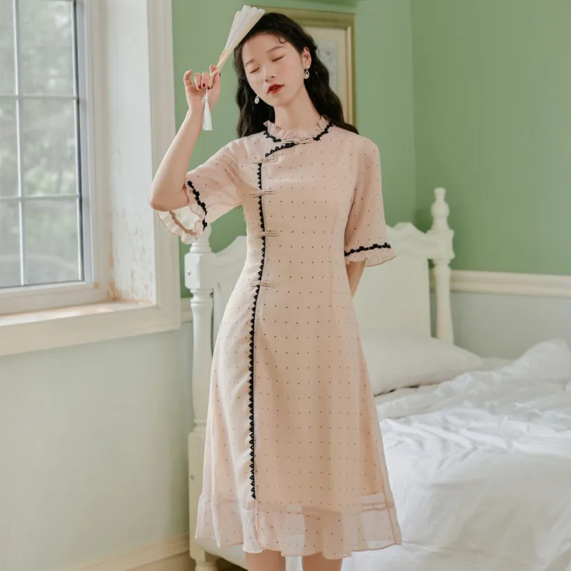 

Improved cheongsam will spot the spring/summer wave point lace skirt girl chiffon dress price yuan of above