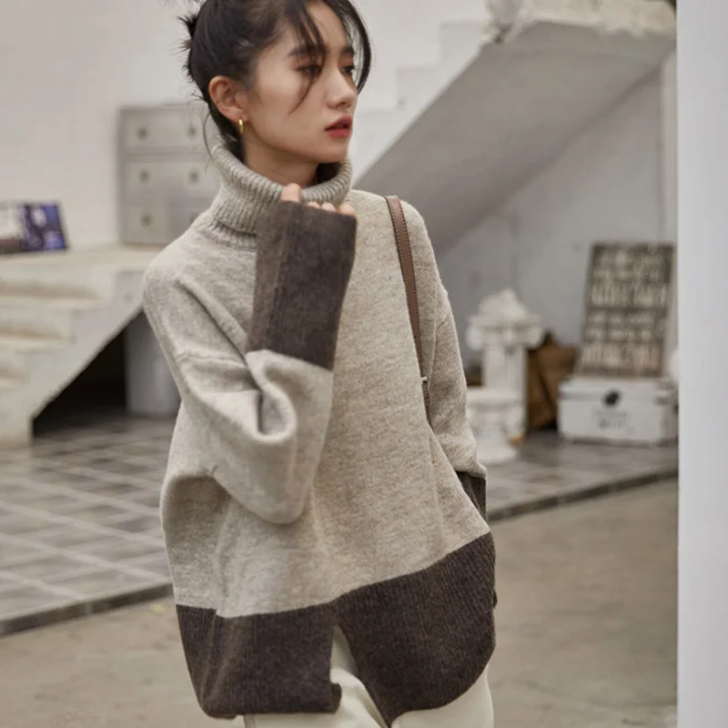 Свитер женский трикотажный с длинным рукавом и высоким воротником зимний |