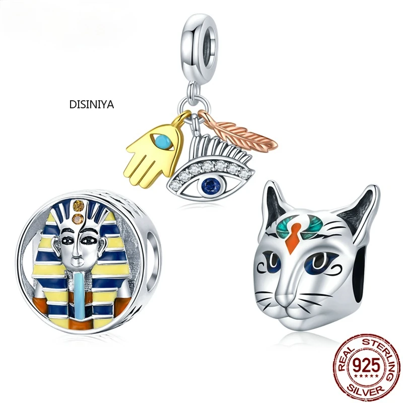 

925 Sterling Silver Ancient Egypt Pharaoh Charm Cat God Bastet Gold Enamel Charm for Original Bracelet Bangle DIY SCC1858