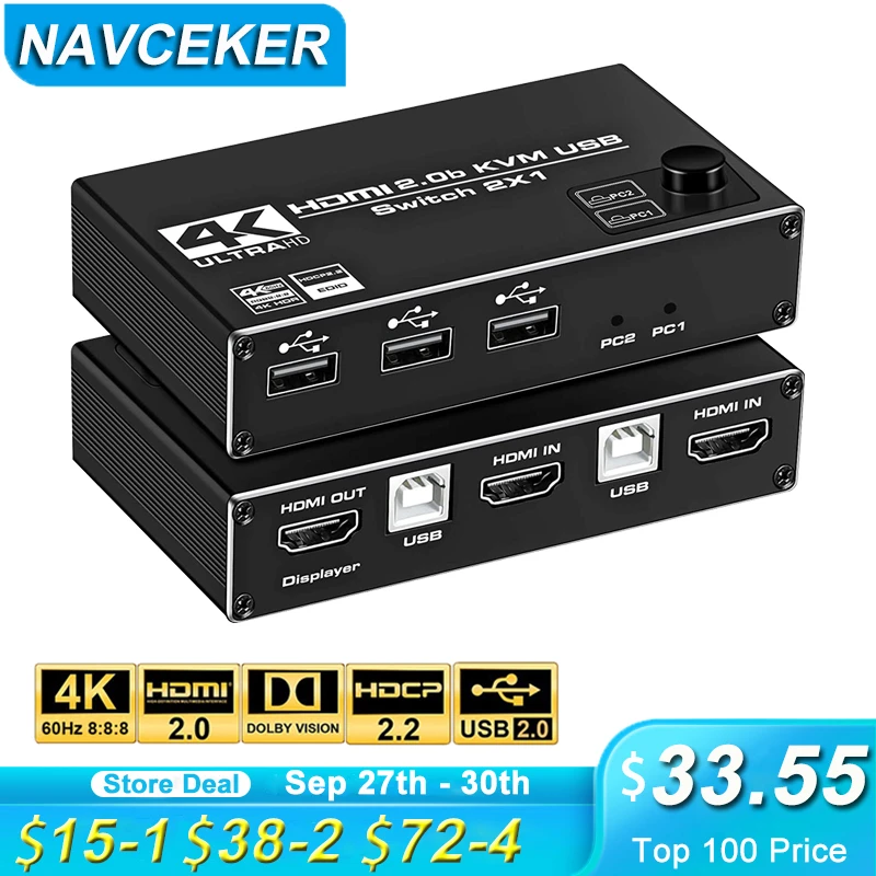 Navceker KVM HDMI переключатель двойной монитор 2 в 1 выход DP порта 4K 60Hz Share принтер