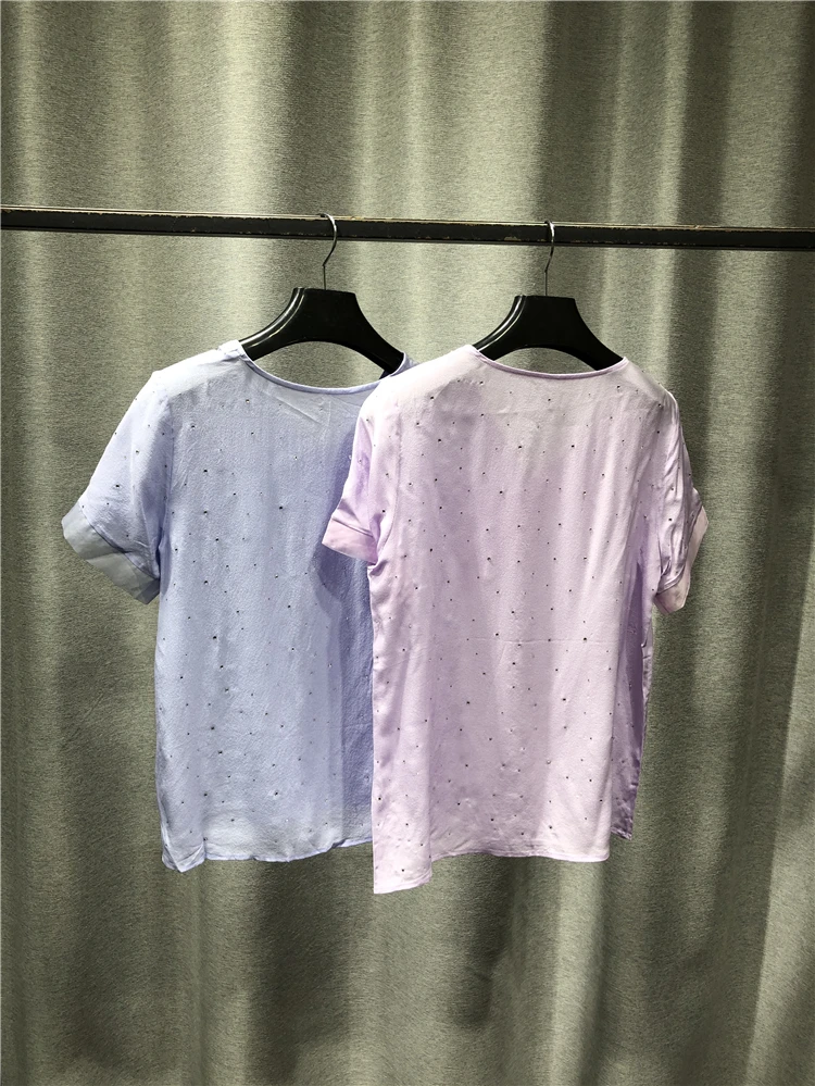 

Tshirt Women Fashion Pure Silk V-Neck Short Sleeve Top Pullover 2021 New Style In Spring And Summer Neckline Bow Decoration