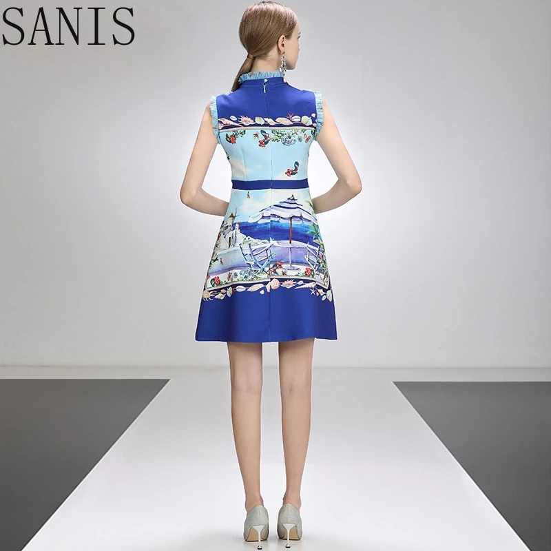 

Sanis Fashion Designer Dress Summer Women's dress Sleeveless Ruffles Beaded Beach Floral-Print Vacation Short Dresses