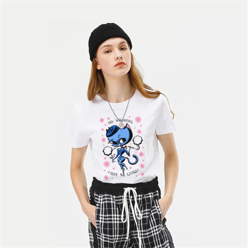 Сексуальная футболка с котом Харадзюку Женская хлопковая 2019 летняя забавная