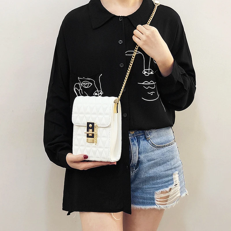 

Mobile Phone Bag Fashion Black White Triangle Women Handbag Metal Lock Chain Messenger Bag Simple Female Shoulder Bag
