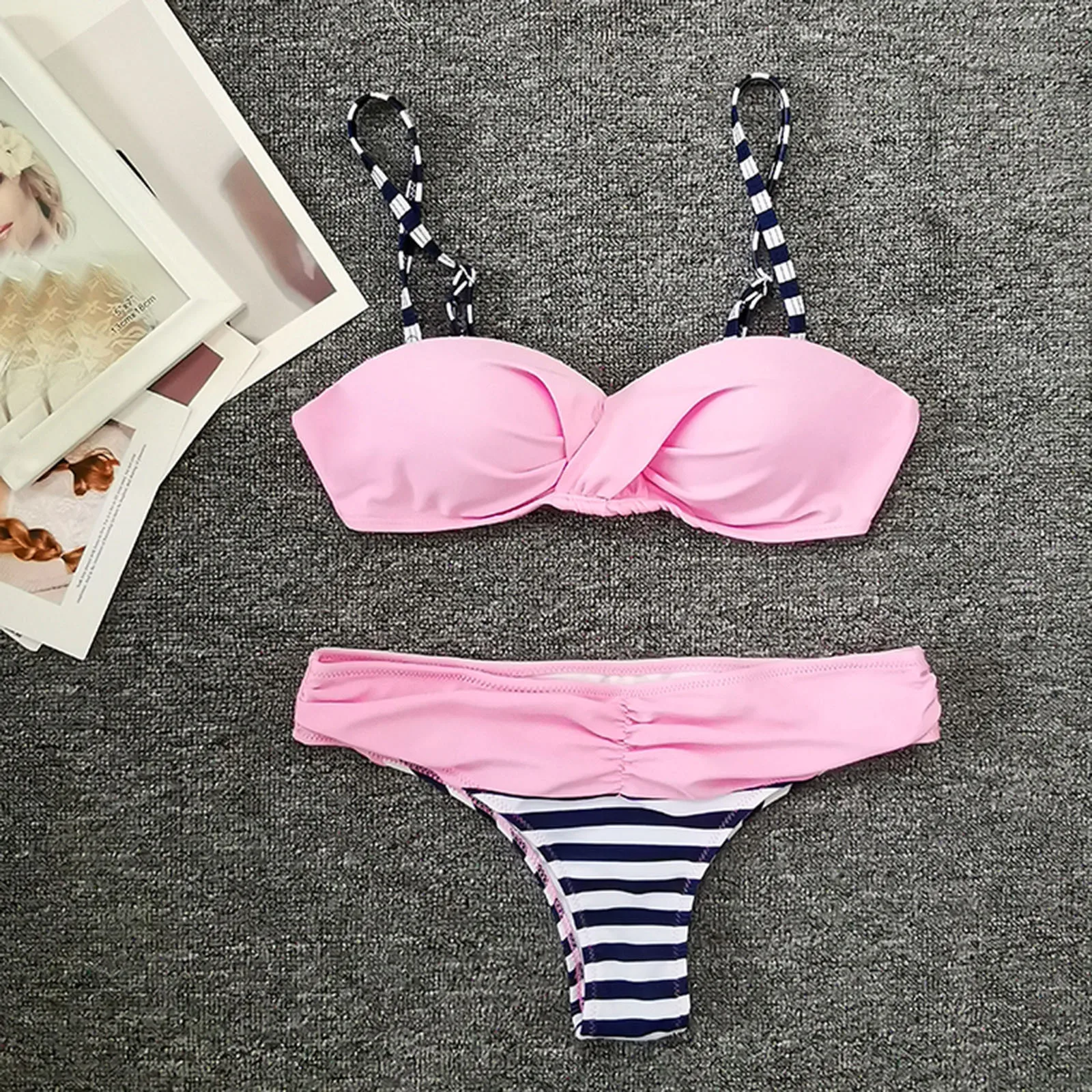 Женский однотонный комплект бикини с полосатым принтом купальник из двух частей