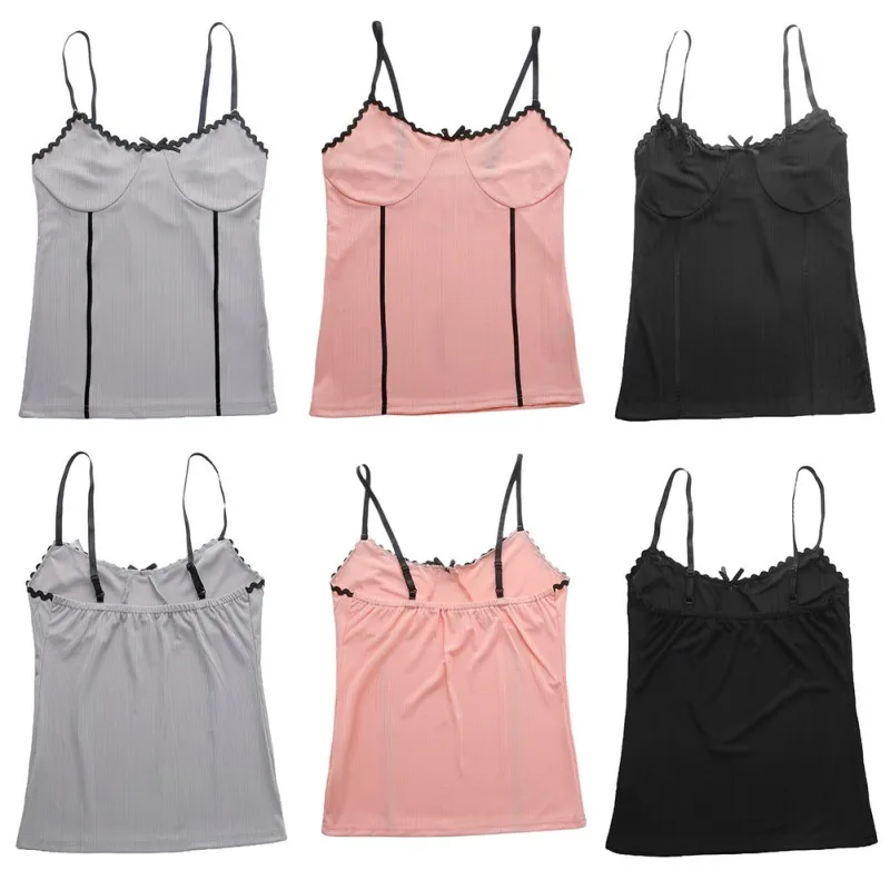 

Ladies Knitted Sling Bow Lace Sexy Striped Solid Color Camisole Slim Top