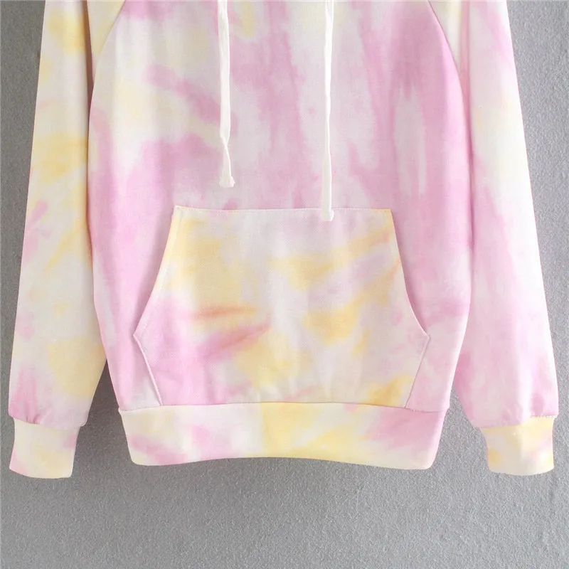 

Women Fashion Tie Dye Print Loose Hoodies Vintage Long Sleeve Pockets Streetwear Female Pullovers Chic Tops
