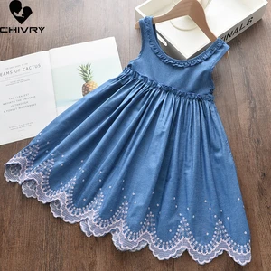 Summer New 2022 Girls Fashion O-neck Sleeveless Denim Dresses Baby Girls Lace Patchwork Hem A-line Dress Kids Casual Sundress