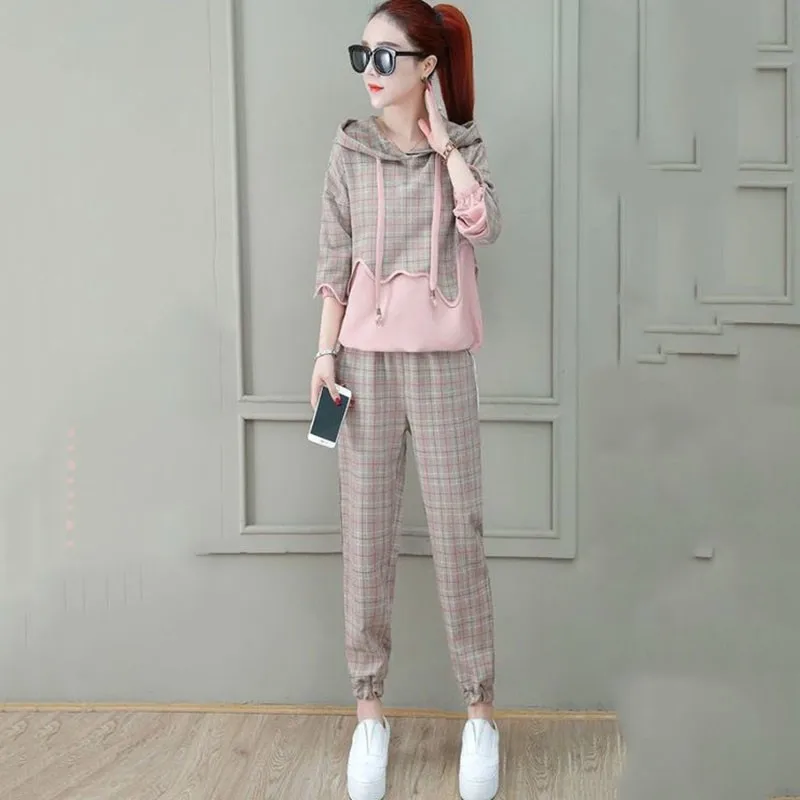 

Women Elegant Solid Sets For Women Hoodie Sweatshirts And Long Pant Fashion Plaid Office Two Piece Sets Ladies Sweatshirt Suits