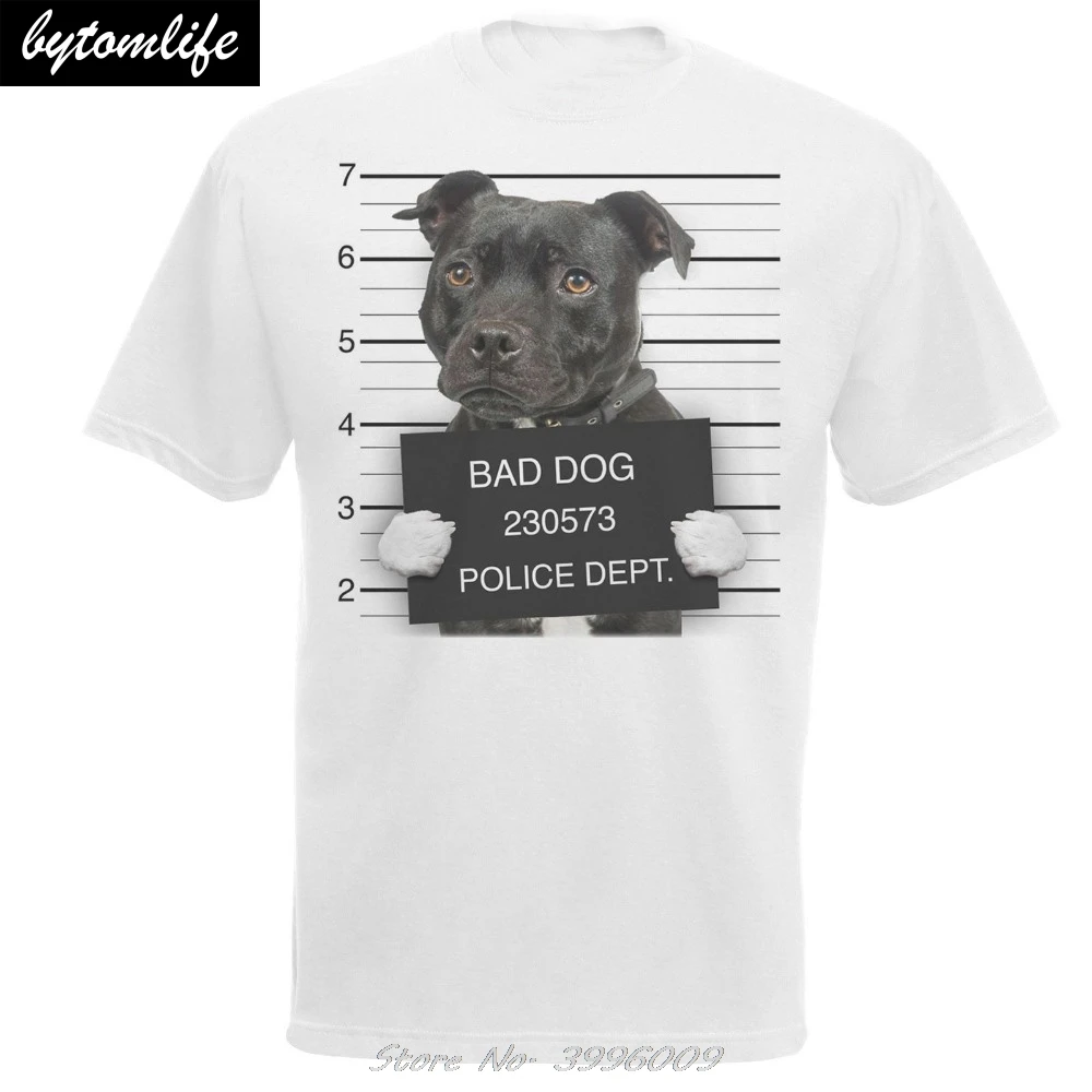 

Summer Tee Shirt Mens White Dog Mugshot Staffordshire Bull Terrier T-Shirt Criminal K9 TShirt O-Neck T-shirt