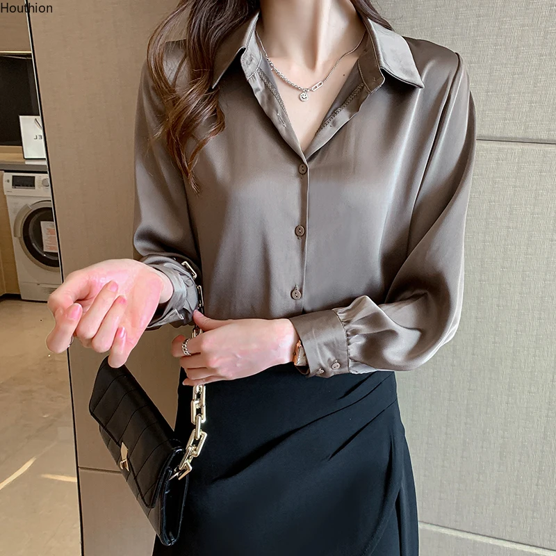 

Houthion Chiffon Slim Women's Blouse New Casual Buttons Solid Color Polo Shirt Summer Fashion Long Sleeve Top