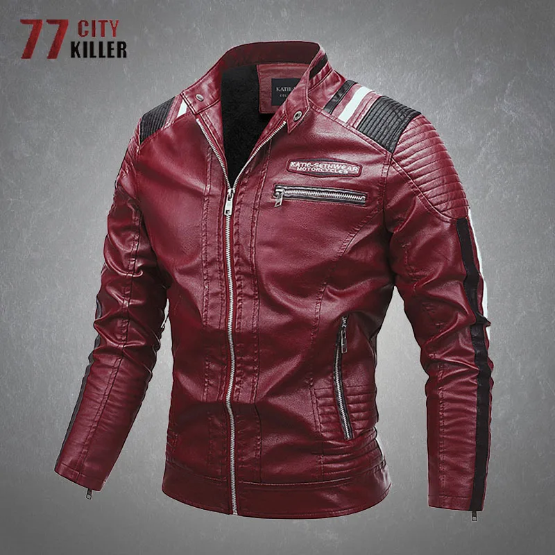 

Men's Leather Jacket Winter Fleece Warm Patchwork Multi Pockets Zipper PU Coats Casual Stand Collar Slim Jackets Male Chaquetas
