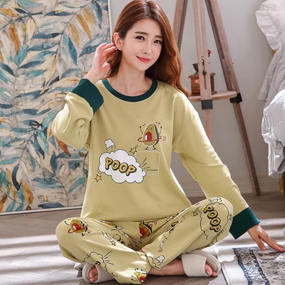 Женский пижамный комплект с длинным рукавом, Хлопковая женская пижама с рисунком, Свободная Женская домашняя одежда с круглым вырезом - Цвет: 22