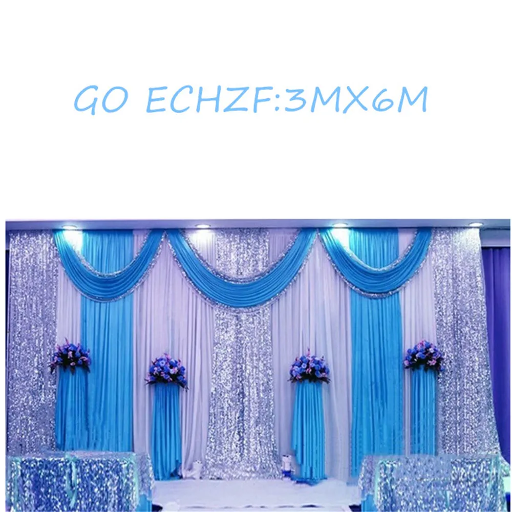 

20ft*10ft Sequins Beads Edge Ice Silk Wedding Backdrop Curtains With Swags Event Party Wedding Props Satin Drape Curtain