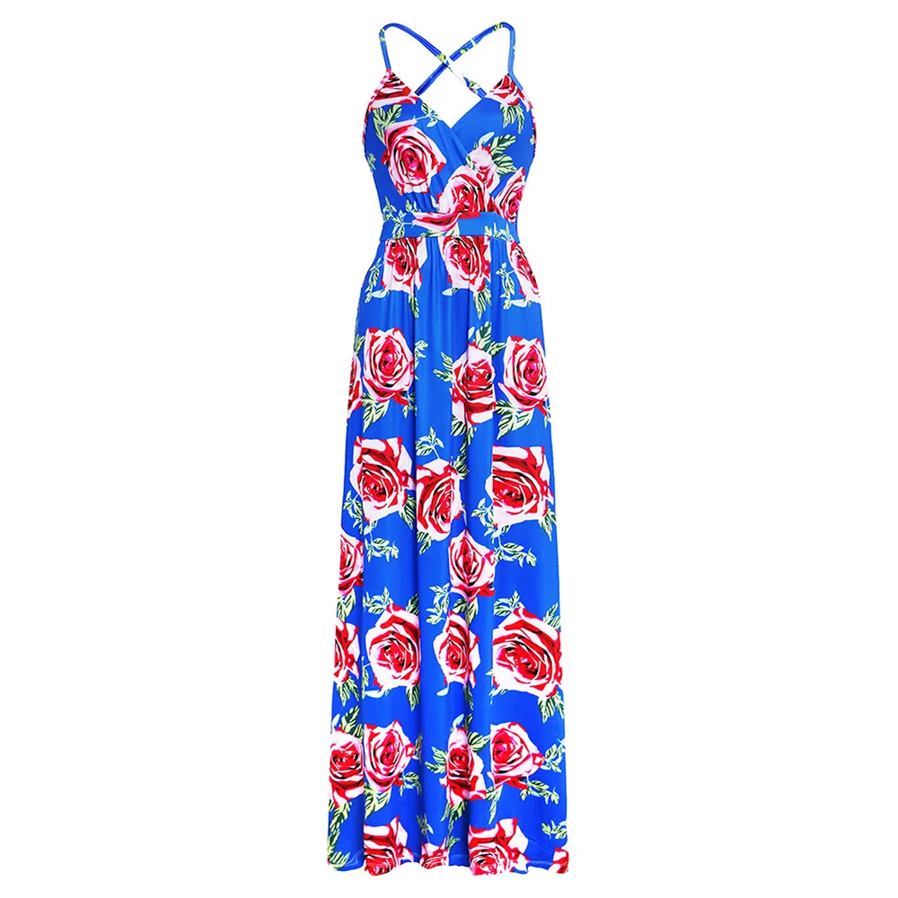 

Summer 2021 Boho Floral Sexy Maxi Long Pleated Dresses Backless Sleeveless V Neck Evening Party Beach Dress