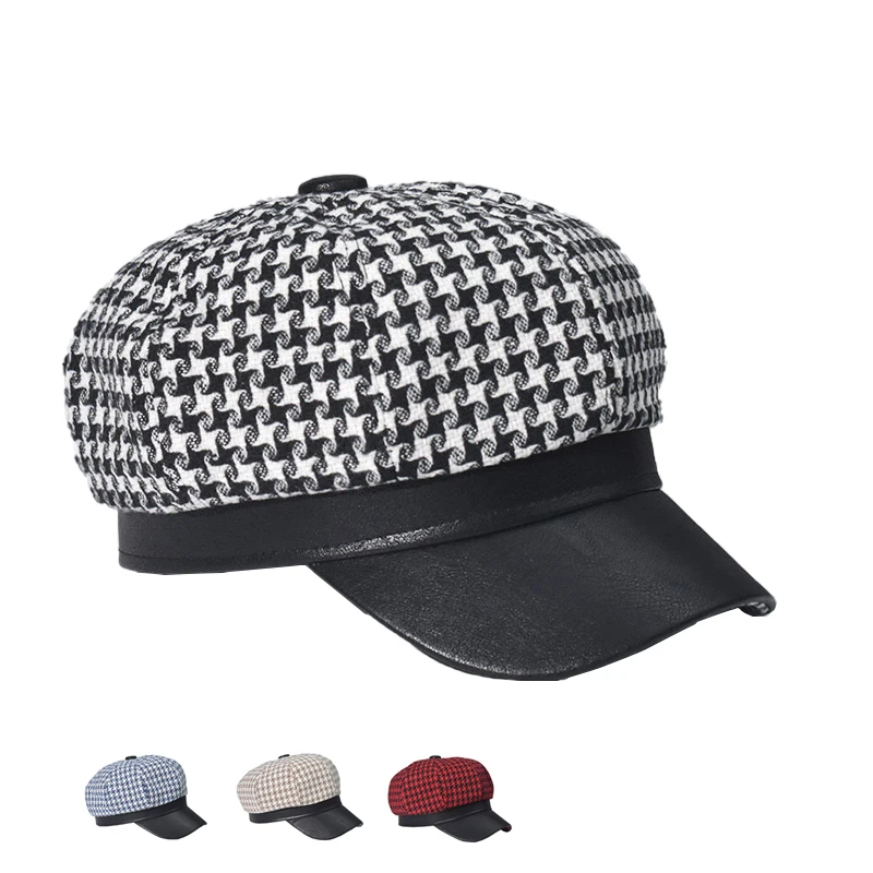 

Fashion Casual Octagonal Cap for Women Beret Hat Painter Newsboy Literary Cap Ladies Seasons Plaid Trendy Street Hat PU Brim