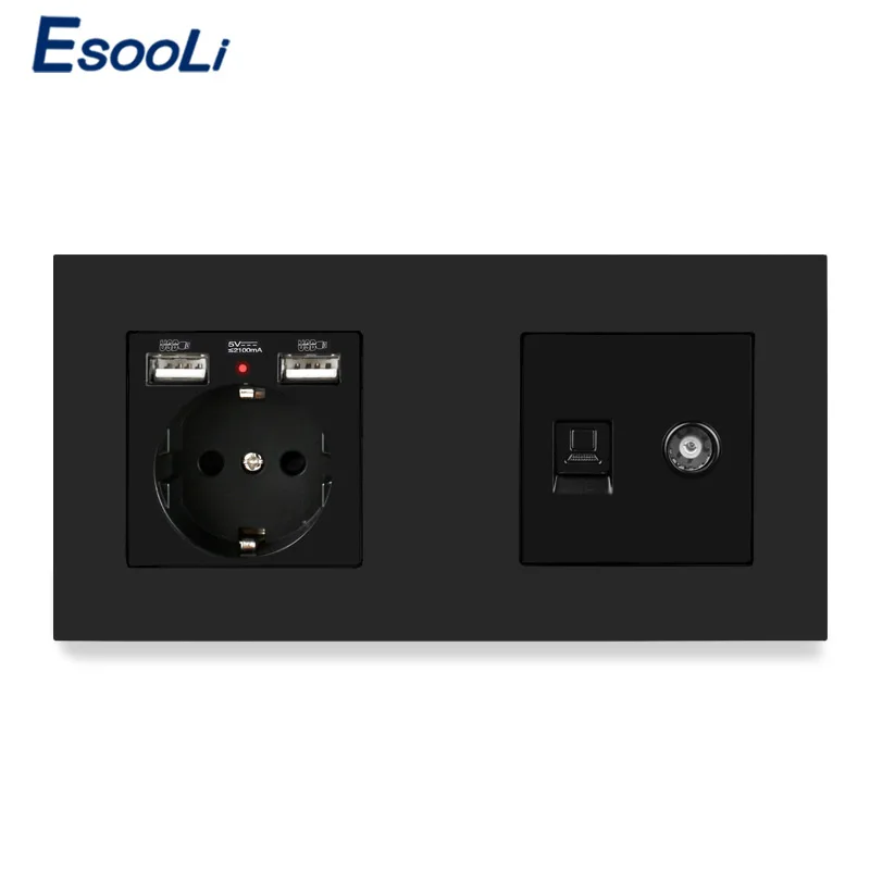 

Esooli Plastic Panel EU Standard Electric Socket with 2 USB + Female TV Connector With CAT5E RJ45 Internet Computer Data