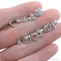 2pcs micro inlaid zircon heart crown helix piercing tragus stud star moon cartilage conch lobe earrings nose ring ear jewelry