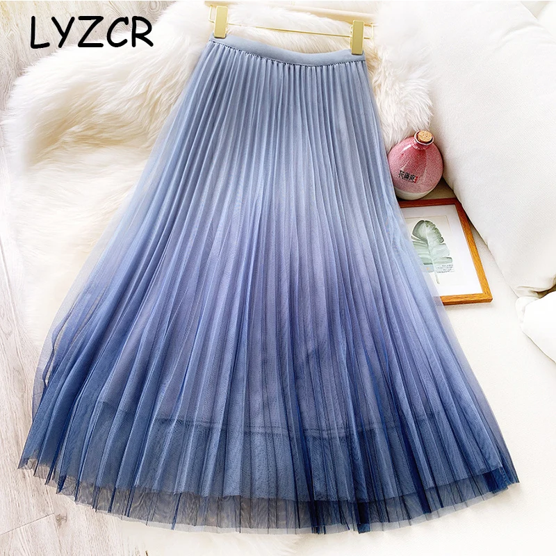 LYZCR Женская Тюлевая плиссированная юбка миди синие Лоскутные юбки с высокой
