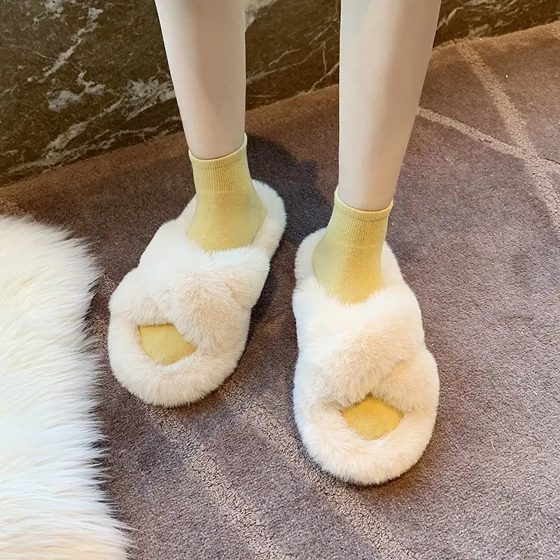 

Women Furry Slippers Ladies Shoes Plush Fox Hair Fluffy Sandals Indoor home Fur Slippers Winter Warm Slippers Zapatos de mujer