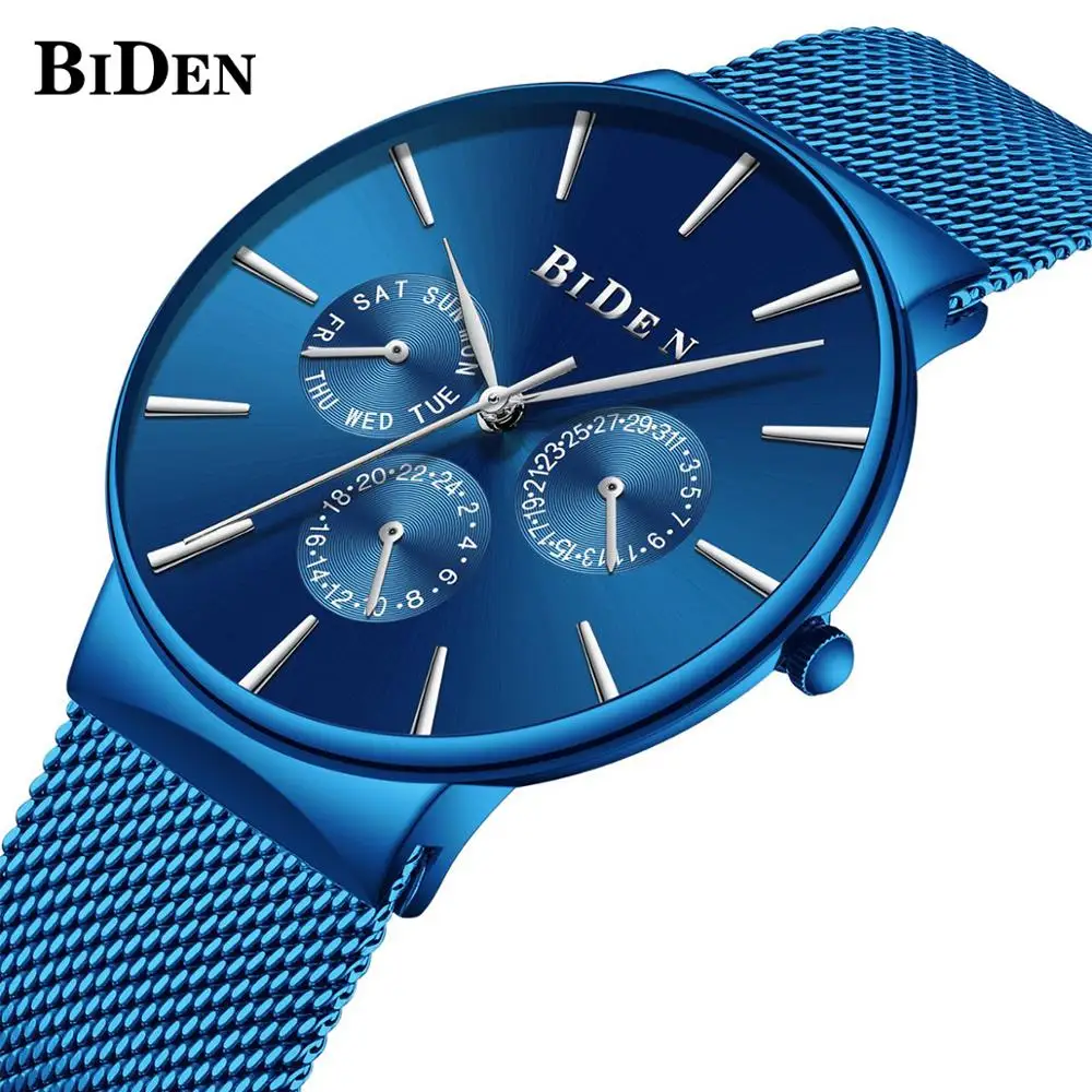 

BIDEN Blue Stylish Male Wristwatch Casual Date Week Men Dress Sports Watches Outdoor Stainless Steel Luxury Big Dial Watch Clock