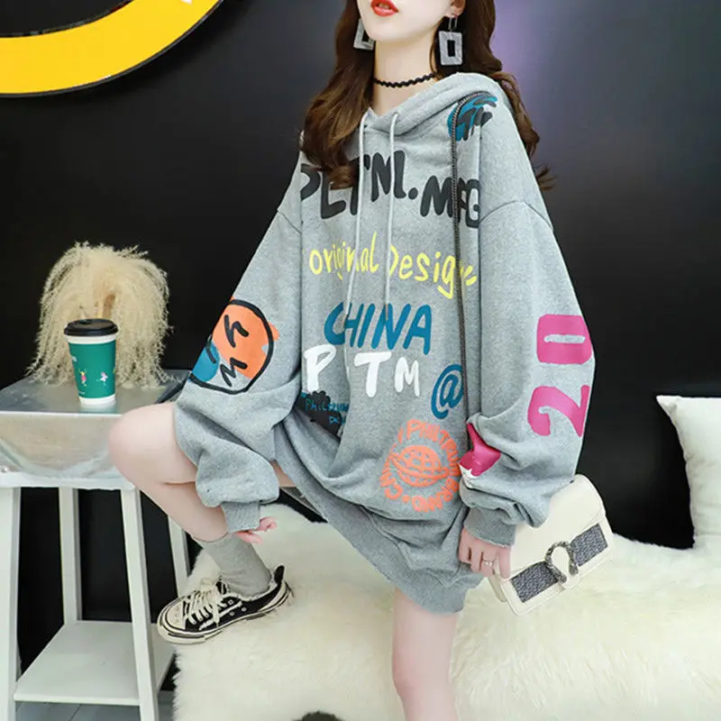 

European big version medium and long hooded sweater female spring and autumn thin Korean fashion students lazy wind loose coat