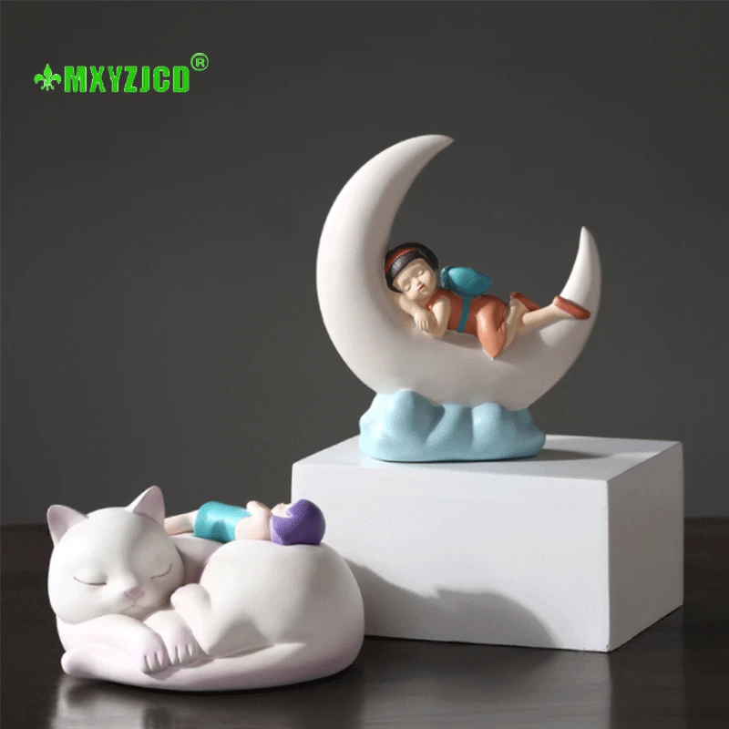 

Девочка и кошка, украшение из смолы, имитация персонажа, скульптура, поделки в форме Луны, настольное украшение, аксессуары для украшения до...