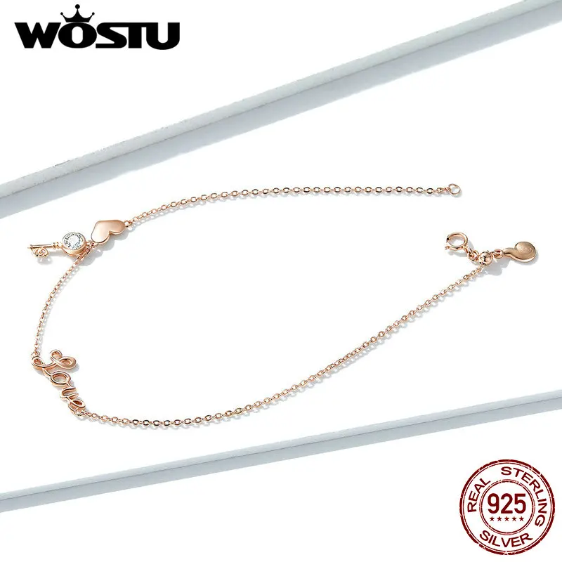 WOSTU 100% Настоящее серебро 925 пробы сердечко ножной браслет классический розовый