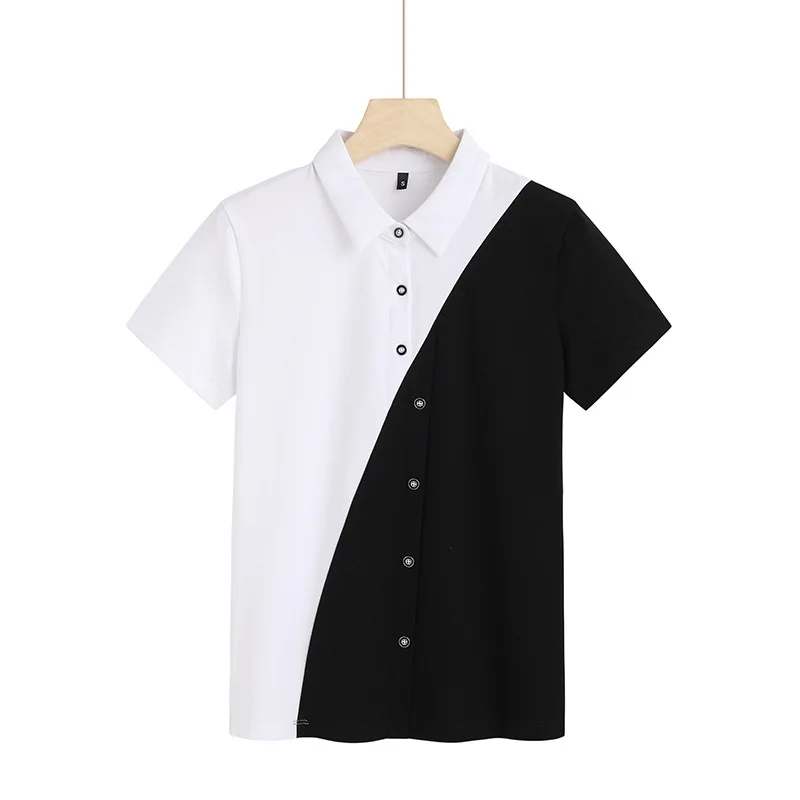 

Summer shirt collar stitching color contrast design 13 lines short sleeve T-shirt 6937