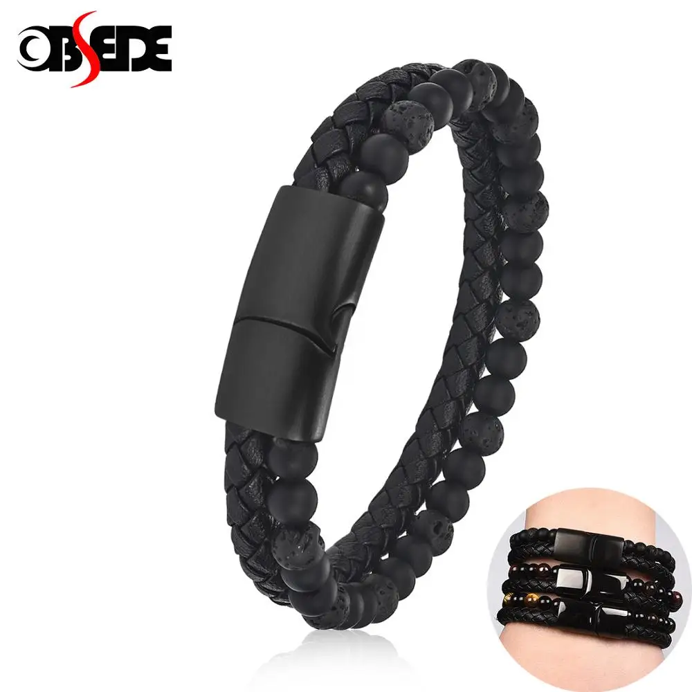 

Men Bracelet Natural Stone Genuine Leather Bracelet Stainless Steel Magnetic Clasp Tiger Eye Beaded Bangles Fashion Punk Jewelry