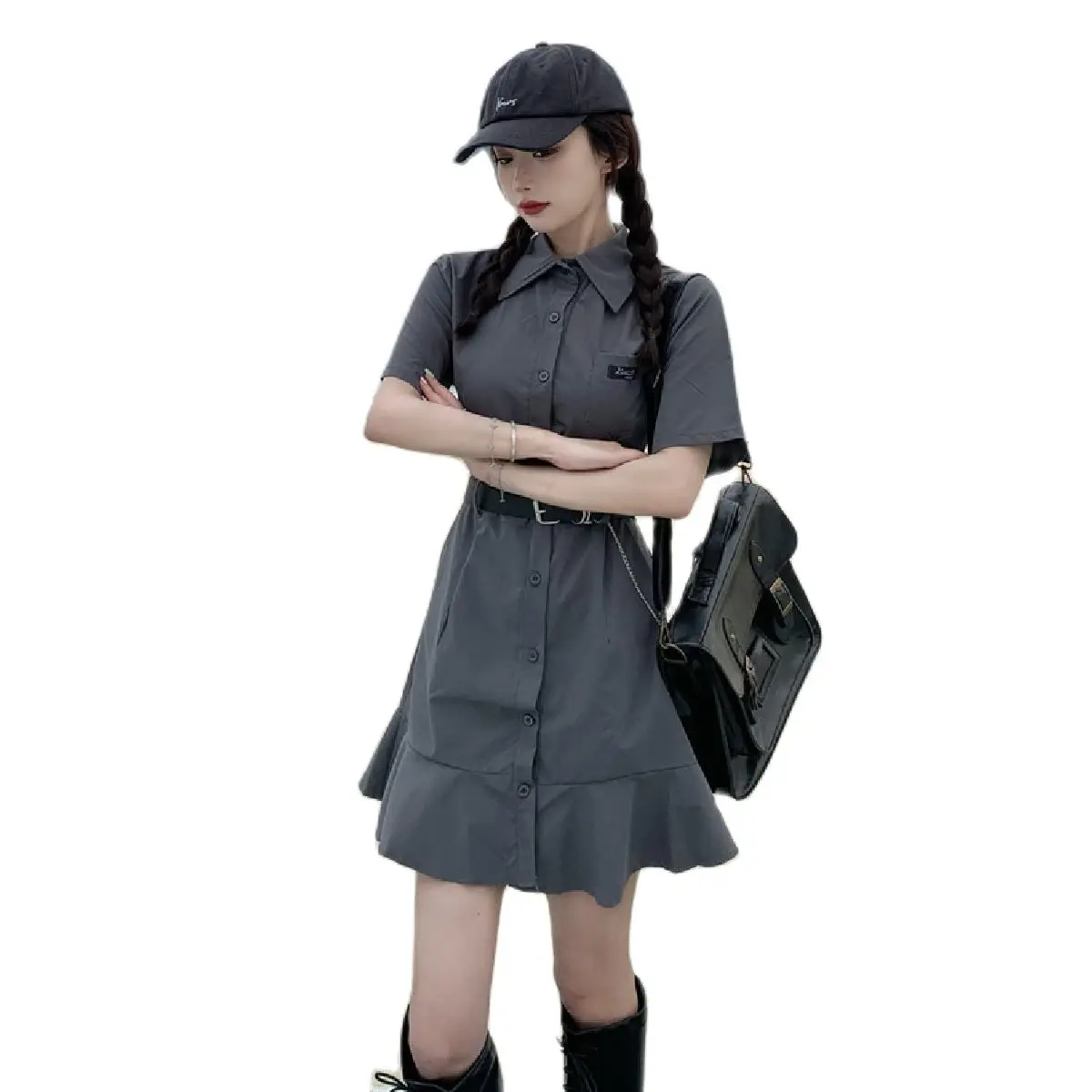 

Shirt Dress for Women Ruffled Fishtail Skirt Tight Waist Slim Looking Graceful Preppy Style Dress Summer 2021 New