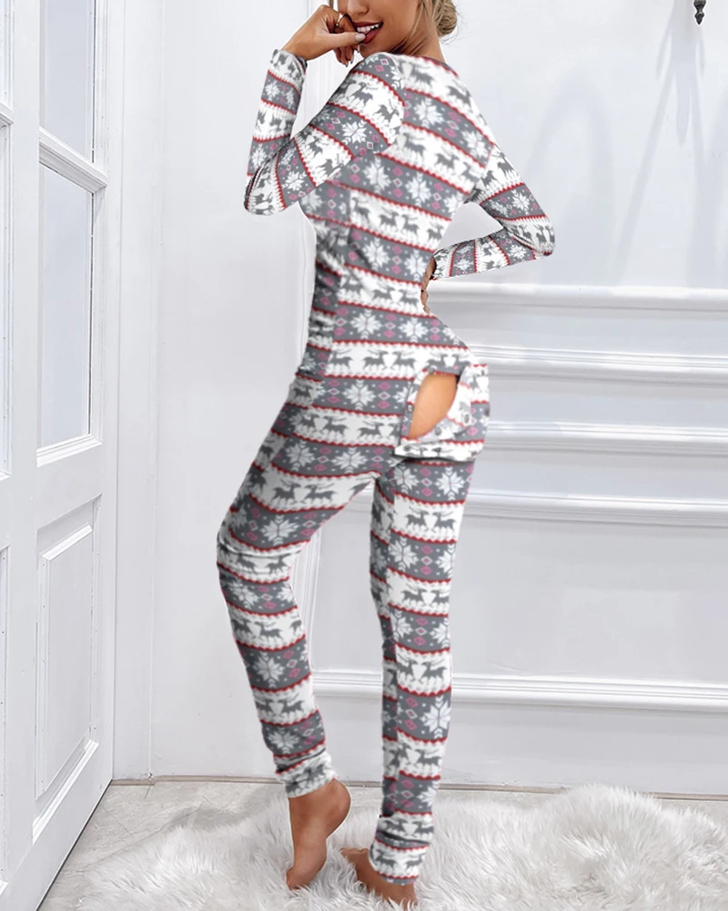 2021 New Year Christmas Plaid Functional Buttoned Flap Printed Adults Pajamas Suit One Piece Sleevewear Detachable Jumpsuits