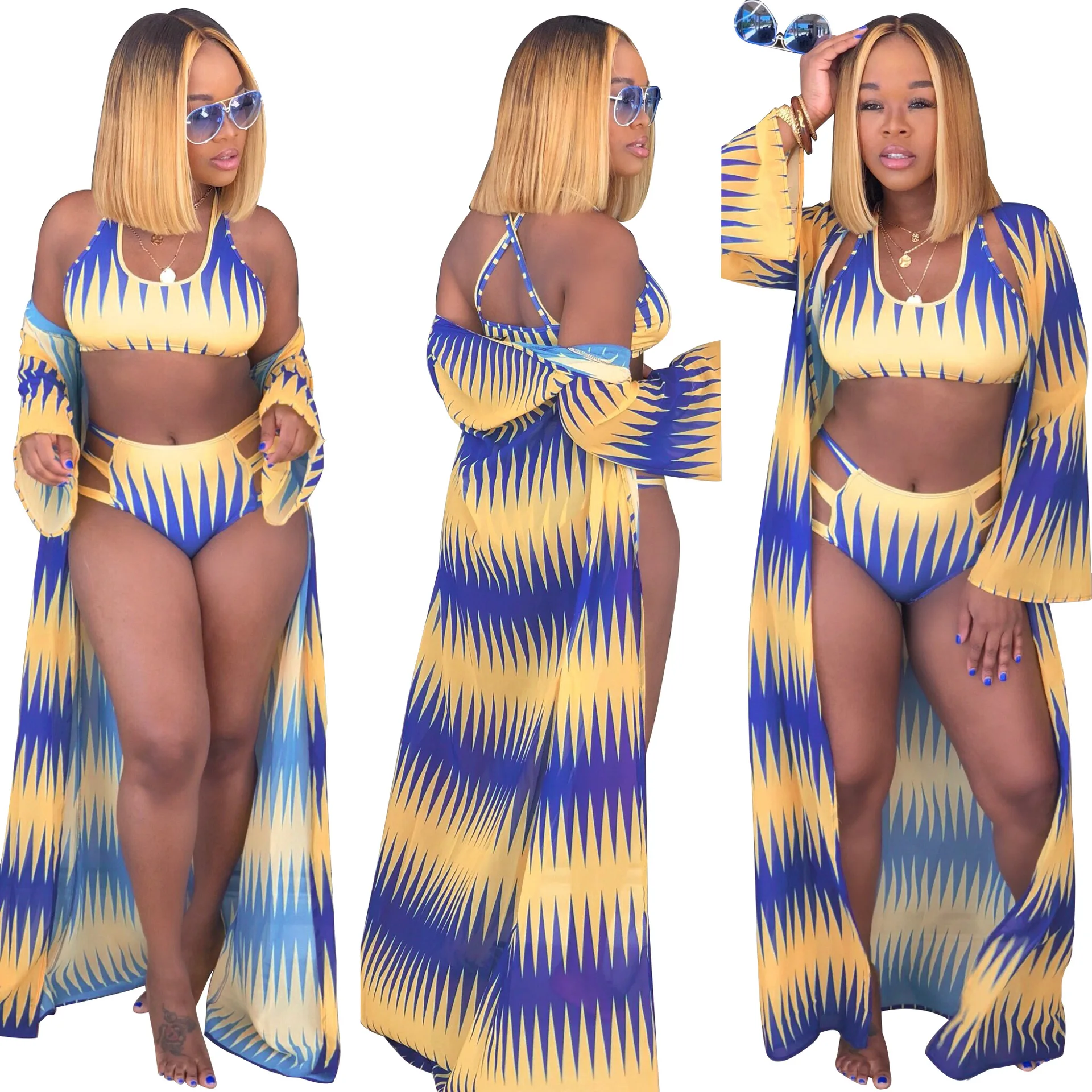 Summer Women Bikinis Swimwear Three Piece Sets Cover Up Cloak Beach Printed Sexy Bathing Swimsuits