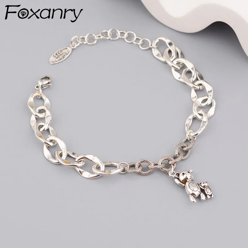 

FOXANRY 925 Sterling Silver Thick Chain Bracelets Fashion Hip Hop Vintage Couples Creative Cute Bear Pendant Party Jewelry Gifts