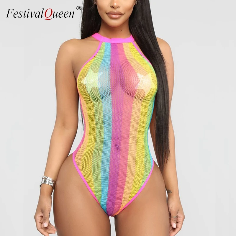 Боди женское Сетчатое в яркую полоску облегающий прозрачный комбинезон с